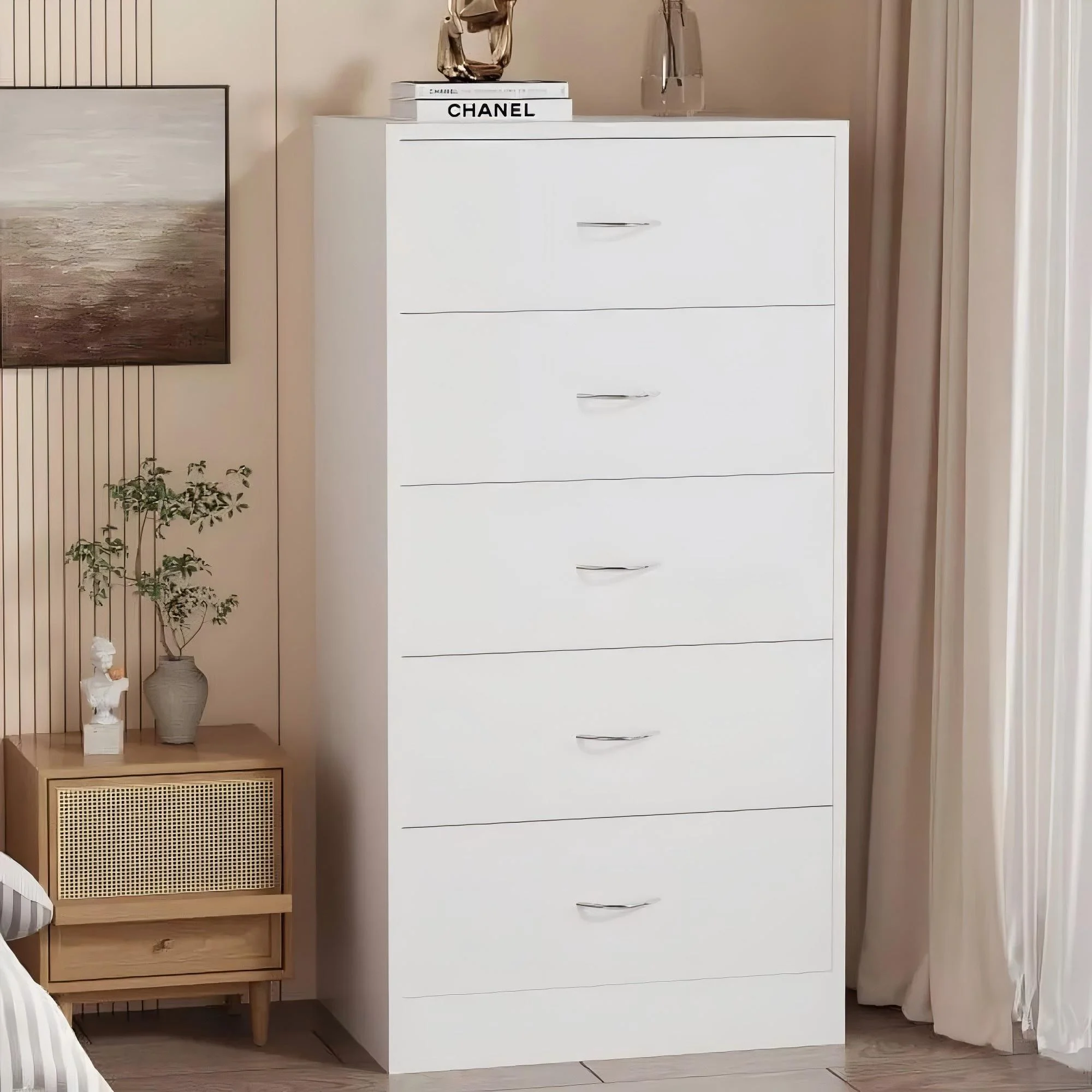 Sugift 5 Drawer White Dresser For Bedroom, Modern Chest Of Drawers Wood Storage Cabinet For Living Room Nursery Kitchen Office