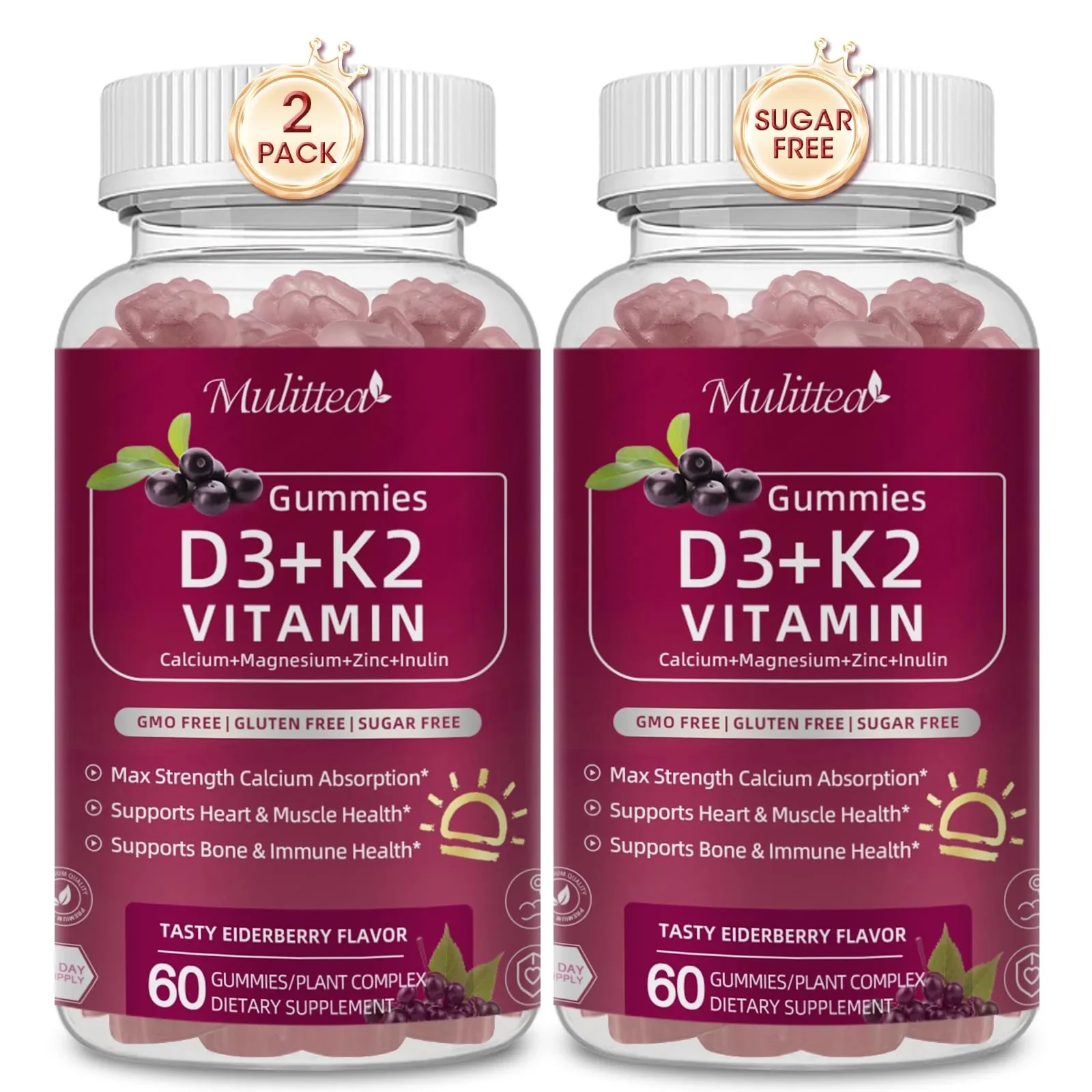 Vitamin D3 K2 Gummies 10,000 Iu With Calcium, Magnesium, Zinc & Inulin – Sugar-free, Elderberry Flavor – 2 Pack