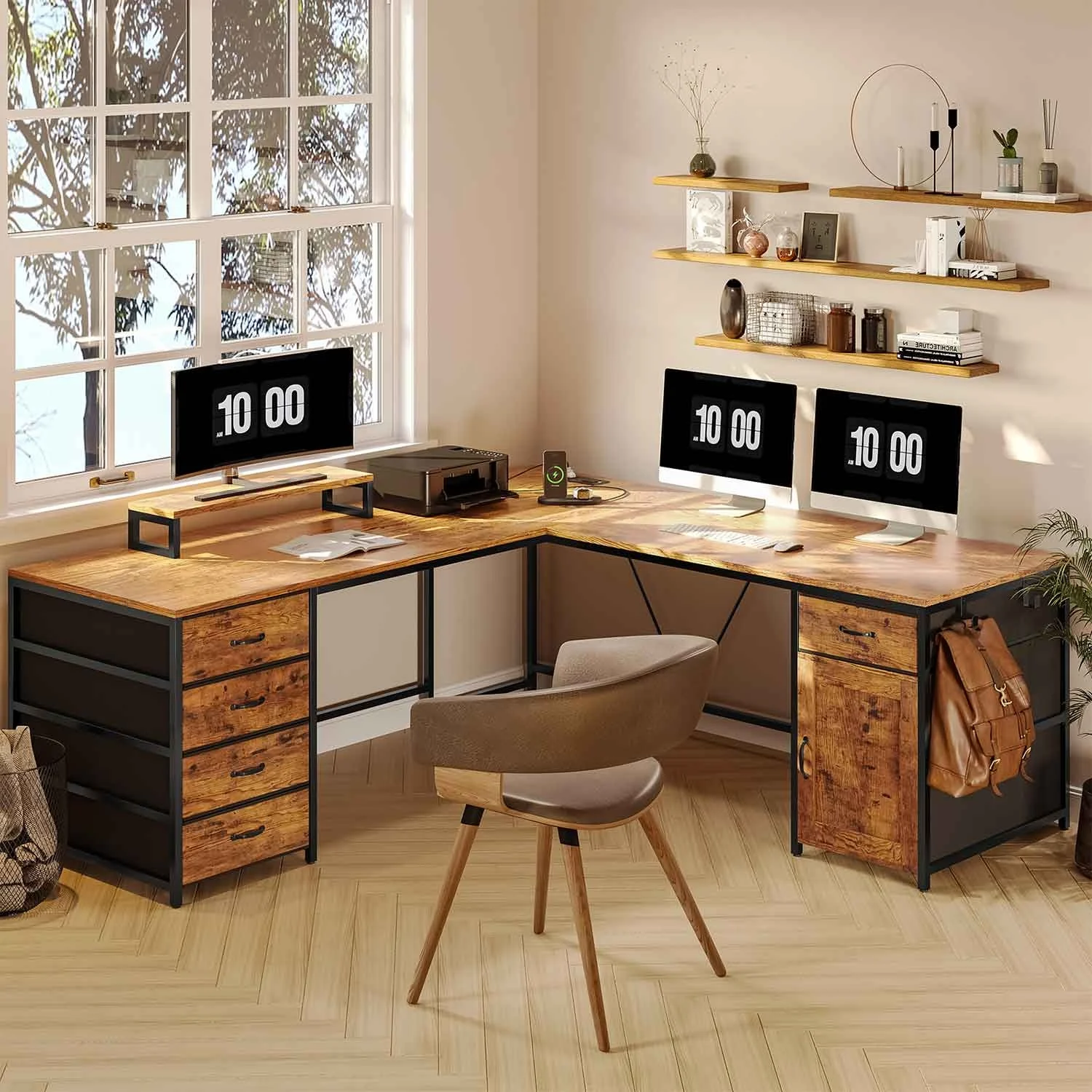 Sedeta - 63 Inch L Shaped Desk Computer Desk With 5 Drawer & Power Outlet Long Home Office Desk Or Corner Desk L Shaped Corner Desk With Monitor Shelf Storage Cabinet