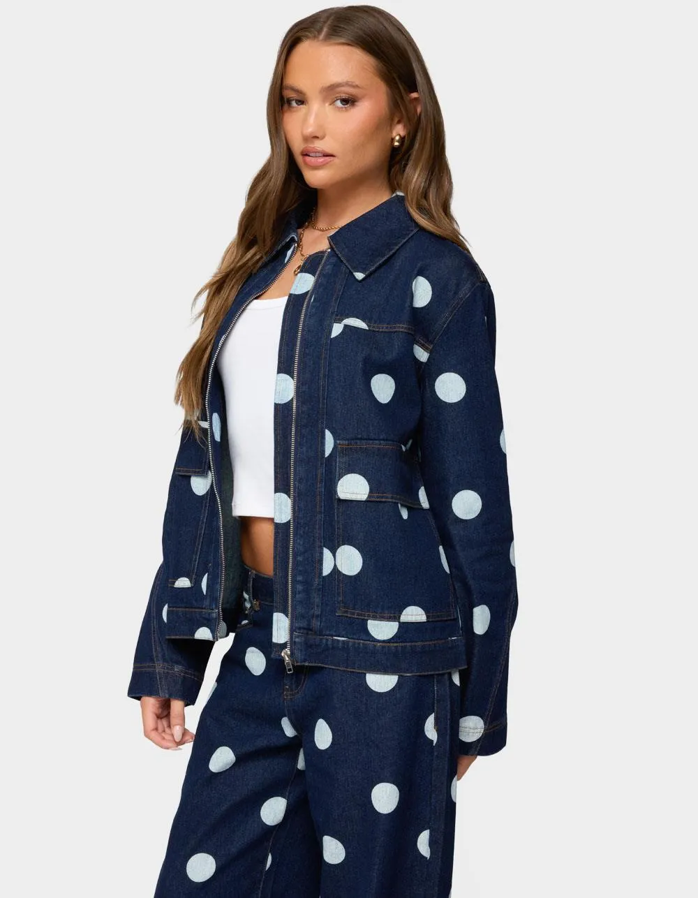 Edikted Leyah Polka Dot Oversized Denim Jacket