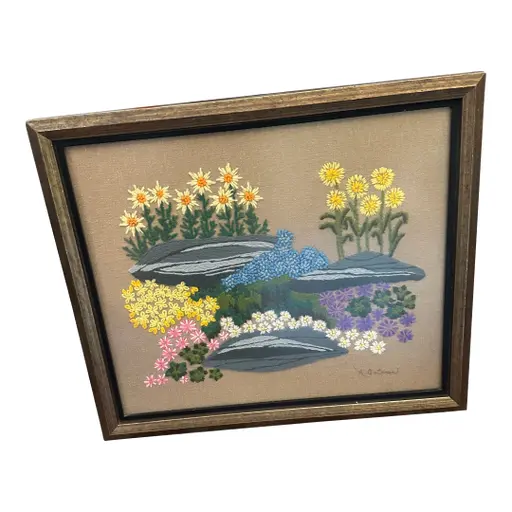 1970s Framed Floral Handmade Needlepoint