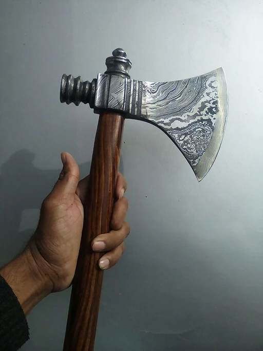 Damascus Steel Handmade Custom Viking Smoke Pine Tomahawk Axe With Rosewood Handle And Leather Sheath - By Kbs Knives Store