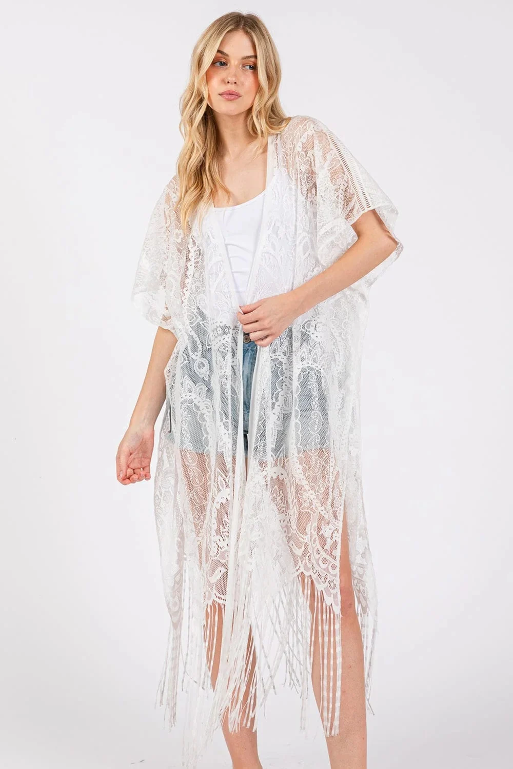 Ms0440 Elegant Lace Fringe Kimono