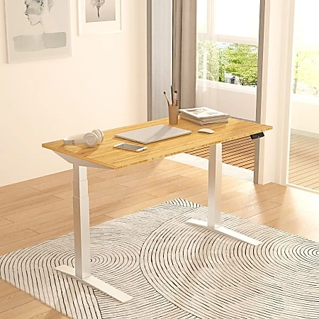 Flexispot E7 Pro 55"w Electric Adjustable Standing Desk, Bamboo/white