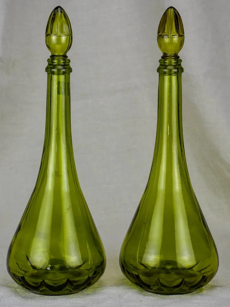 Pair Of Italian Carafes - Green Glass With Stoppers