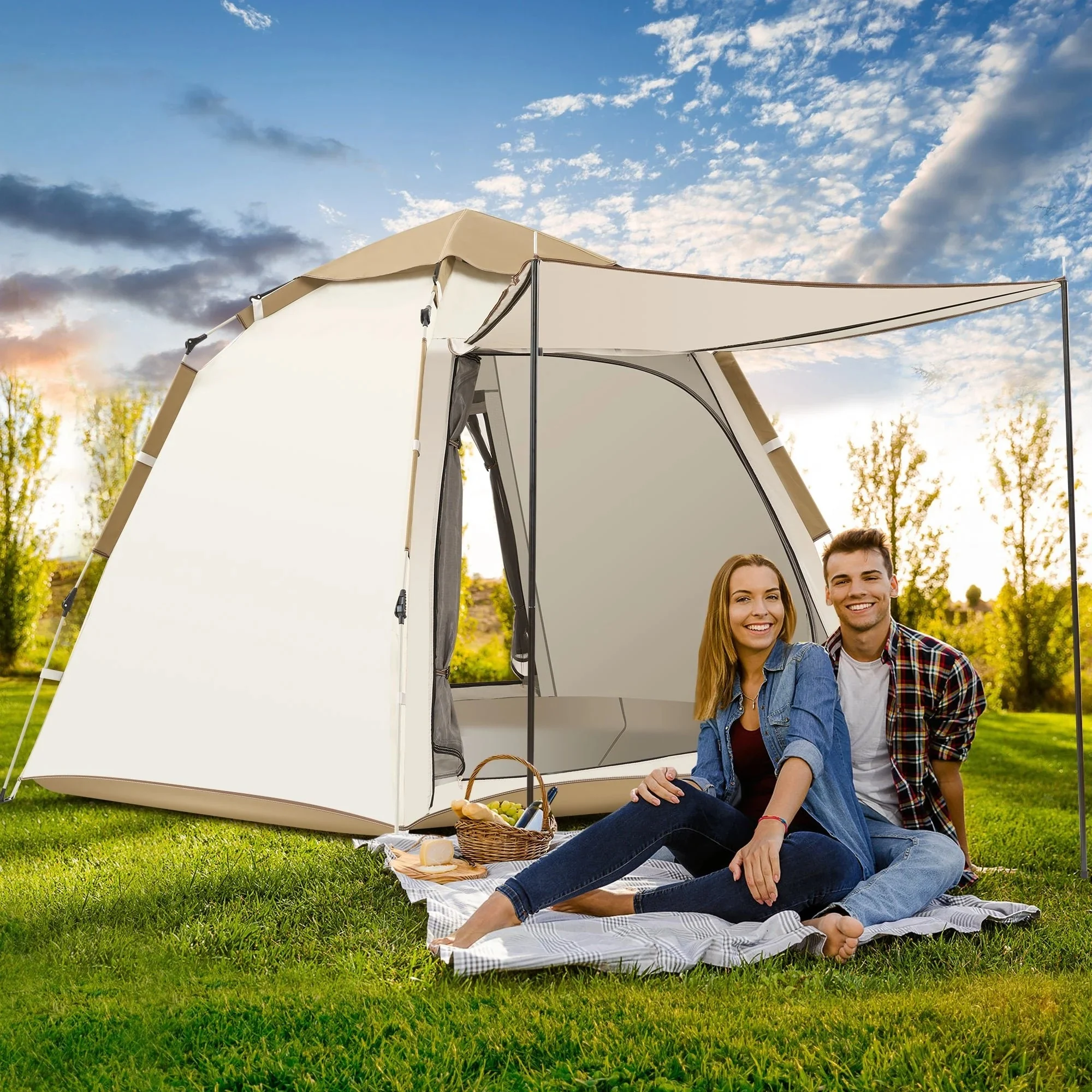 Instant Setup Cabin Tent, Camping Tent For 6-8 Person W. Water-resistant Rainfly, 60 Seconds Instant Setup Poles, Stakes, Floor Mat - 10*10*7ft