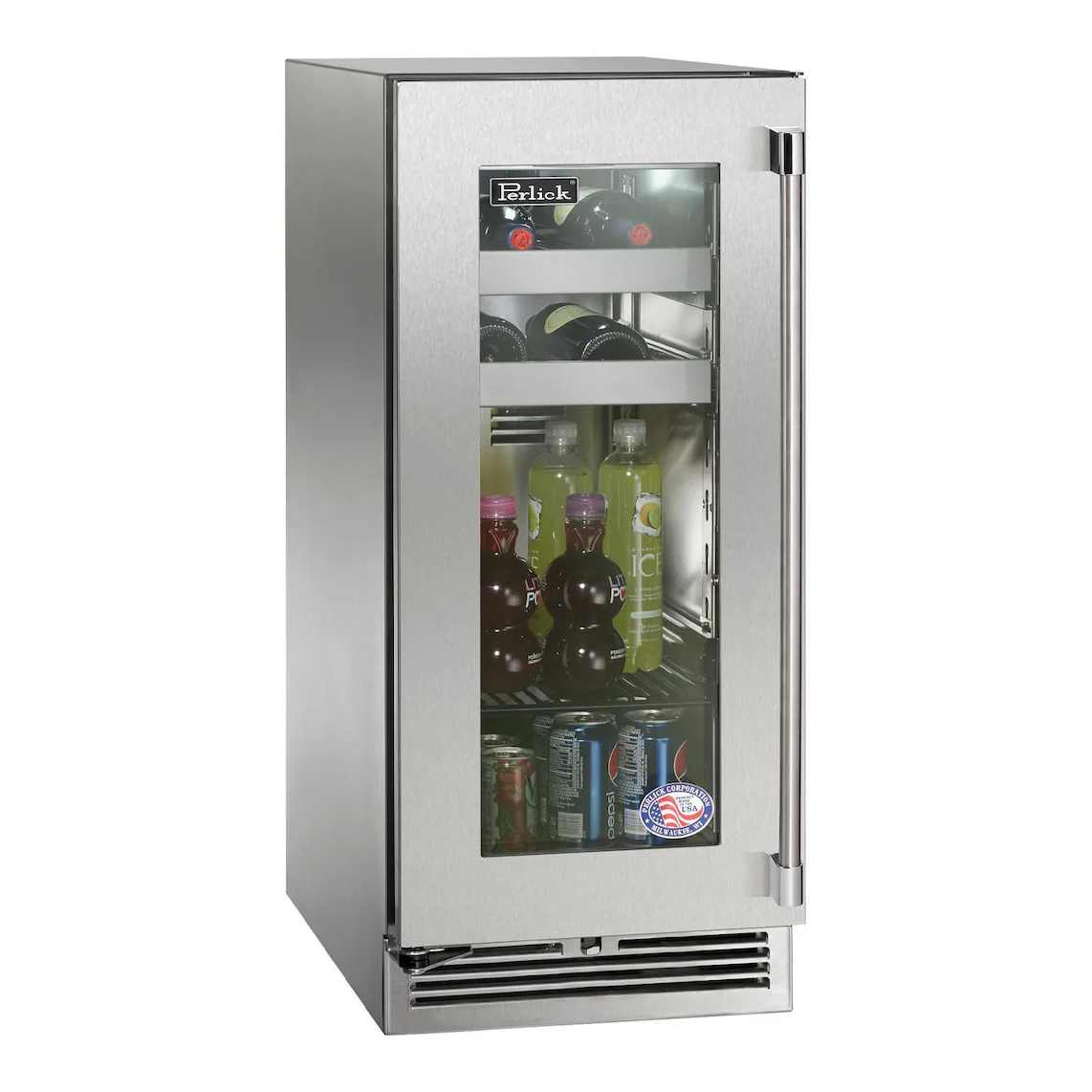 Perlick 15-inch Signature Series Marine & Coastal Series Stainless Steel Glass Door Outdoor Beverage Center W/ Door Lock - Left Hinge