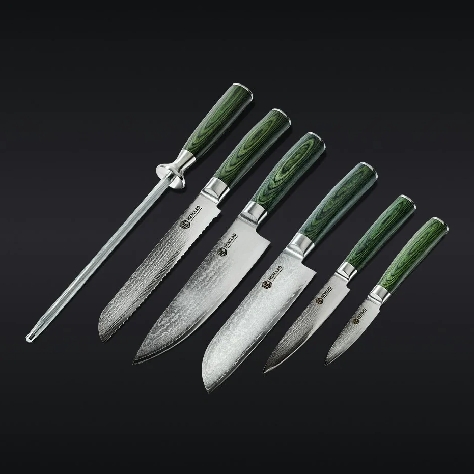 Essential Damascus Steel Knife Set, 6-pc (green)