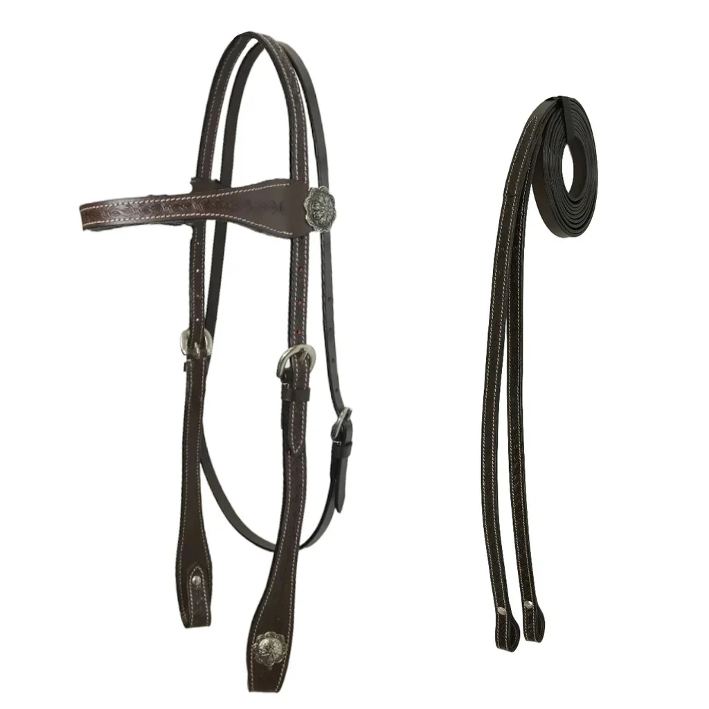 Tahoe Tack Barbwire Leather Western Hand Tooled Browband Headstall With Matching Split Reins - Mini/mahogany