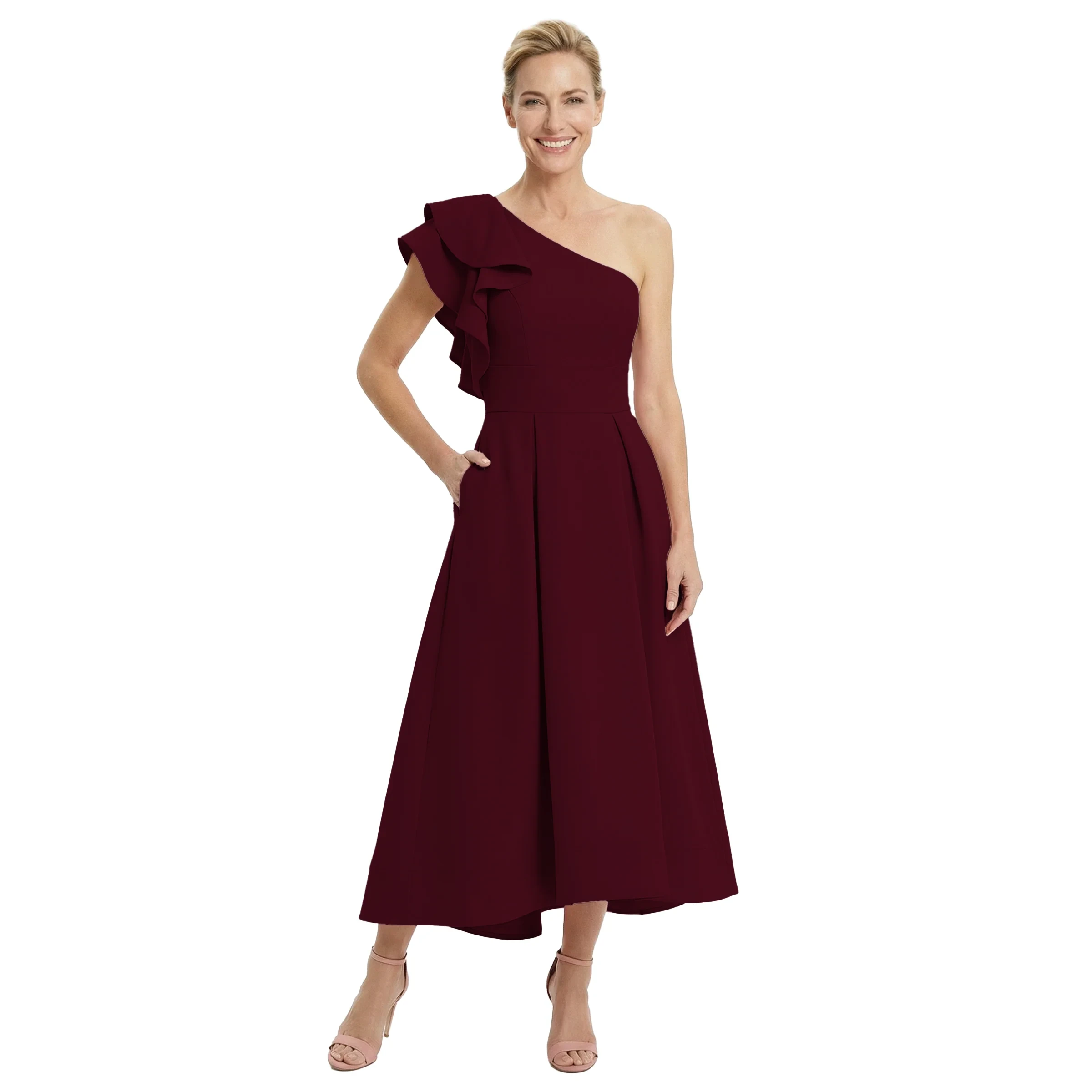 Chicsew Crepe Mother Of The Groom Dress One Shoulder Ruffled A-line Midi Gown Stylish Modern Fit - Cabernet