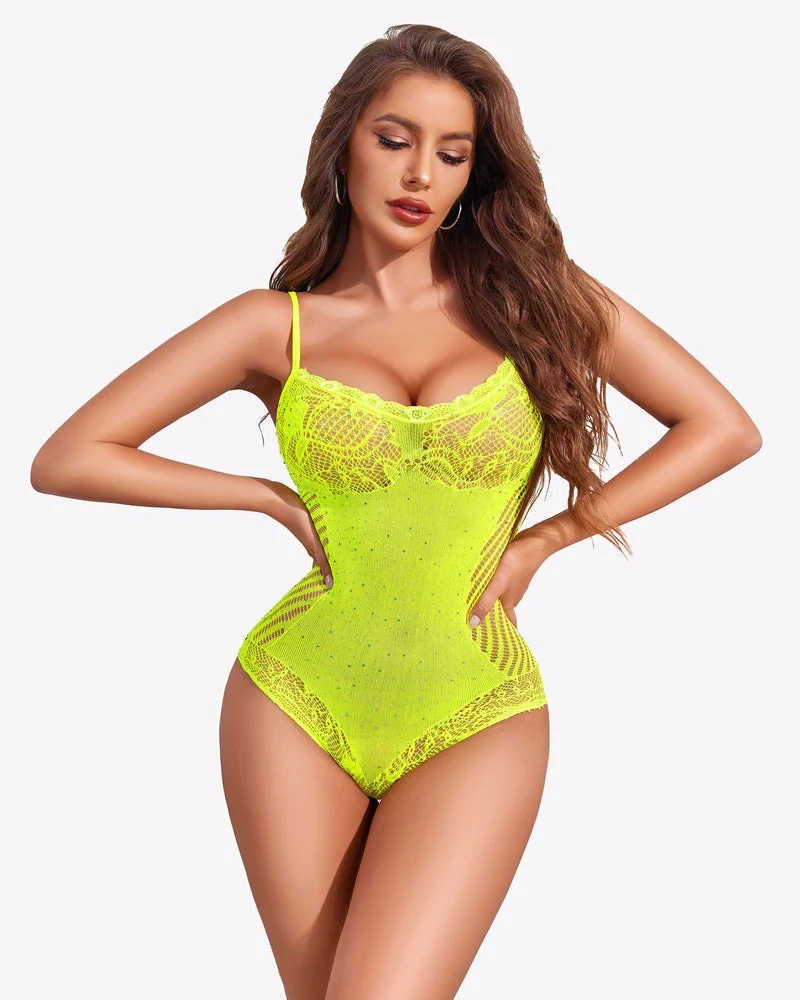 Fishnet Sparkle Rhinestone Bodysuit - Lemon Green