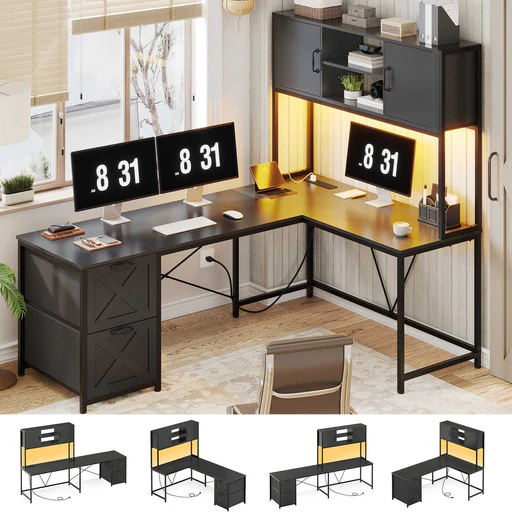 Sedeta 62.2 Inch Reversible L Shaped Gaming Computer Desk With Drawers And Storage Hutch