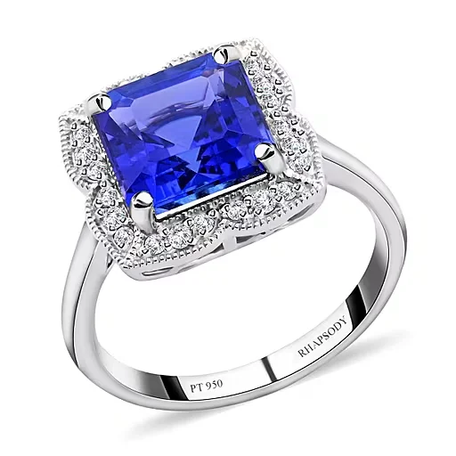 Certified & Appraised Rhapsody 950 Platinum Aaaa Asscher Cut Tanzanite And E-f Vs Diamond Ring 6.60 Grams 4.30 Ctw