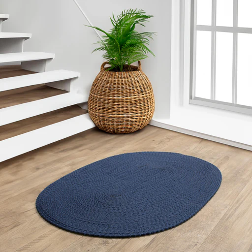 Navy Braided Rug - Reversible Solid Construction - Indoor Outdoor - Runner/2' X 4'