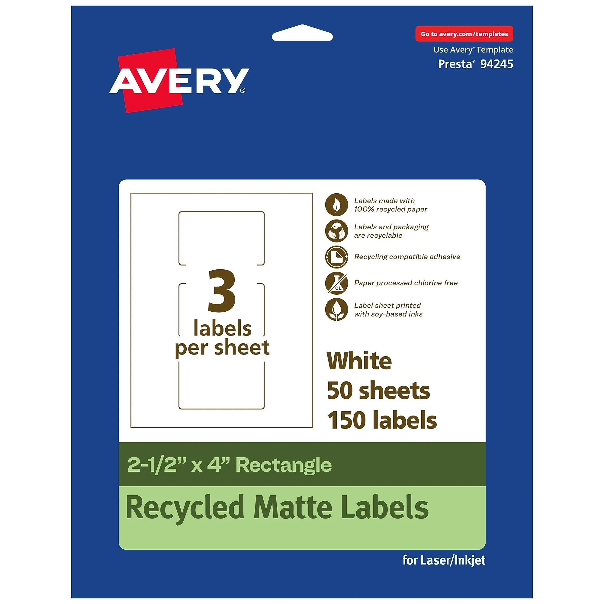 Avery Ecofriendly Laser/inkjet Rectangle Multipurpose Labels, 2-1/2 X 4, White, 150/box