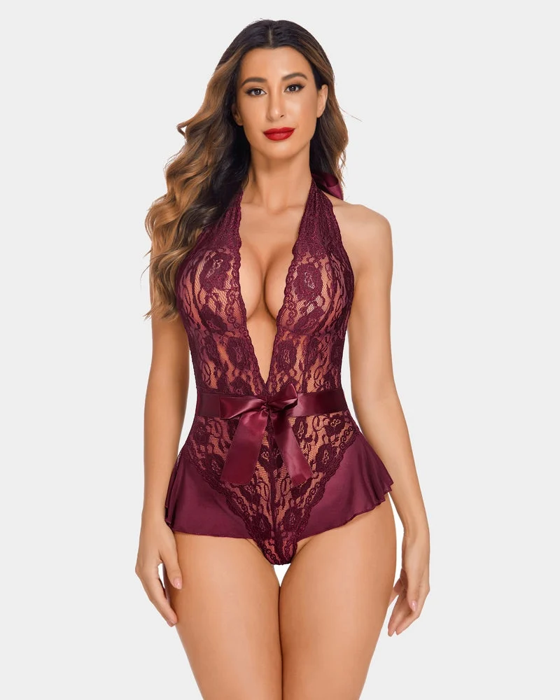 Lace Teddy Bodysuit Halter V Neck One Piece - Dark Red/3xl