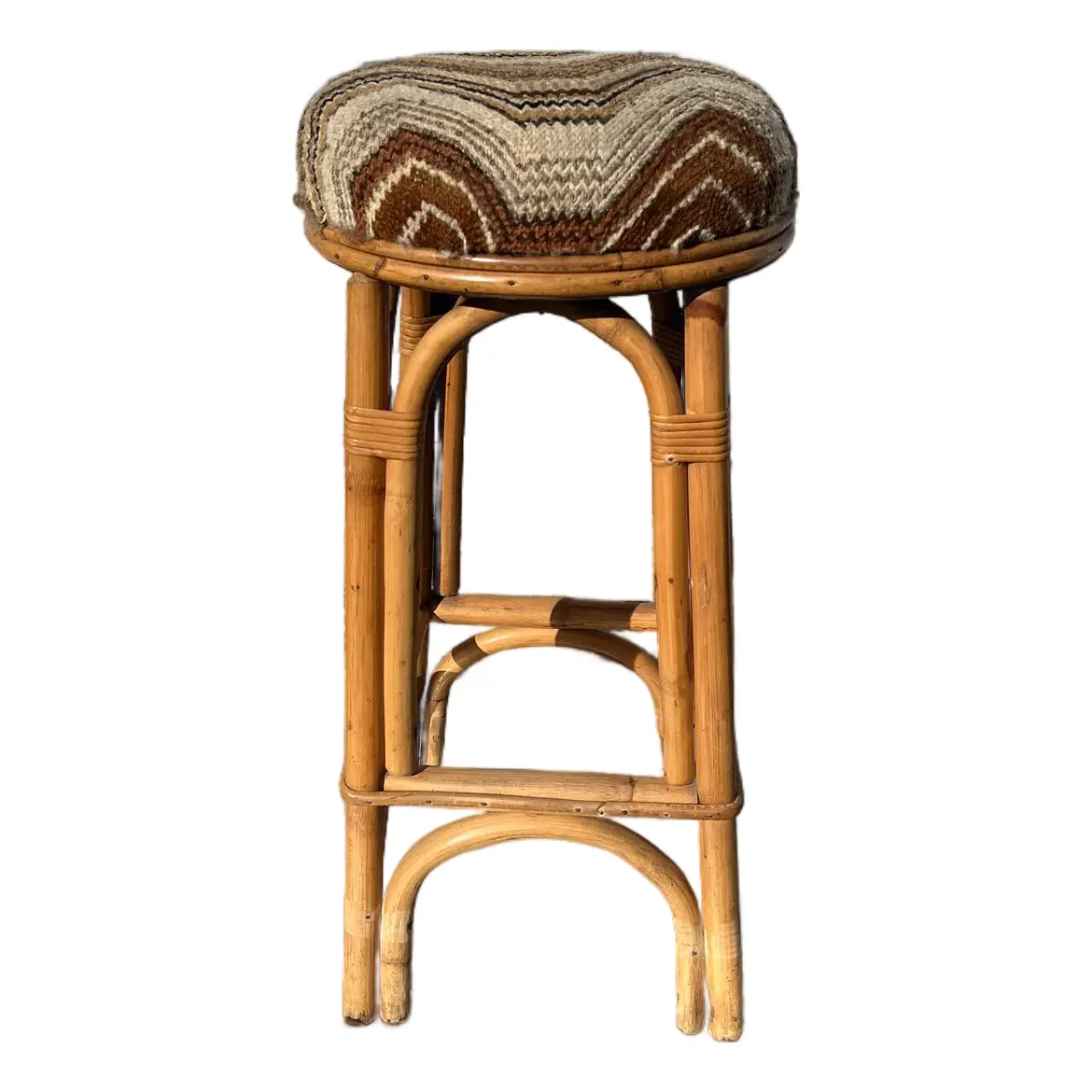 Single Vintage Bar Or Counter Stool In Bamboo In Vintage Upholstery