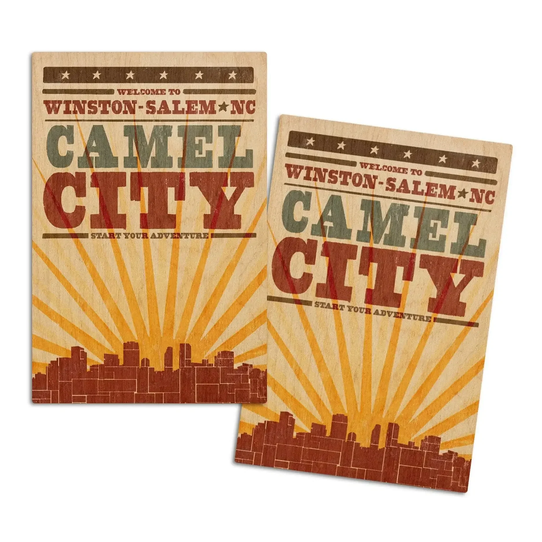 Winston-salem, North Carolina, Skyline & Sunburst Screenprint Style, Lantern Press Artwork, Wood Signs And Postcards - 4x6 Wood Postcard Set