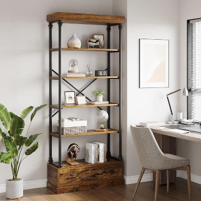 5 Tier Vintage Bookshelf Industry Display Storage Shelf，81.3" Bookshelf With Storage Drawer, Tall Bookcase W/metal Frame, For Office Living Room