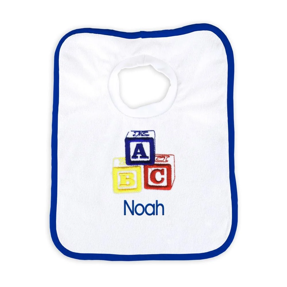 Personalized Basic Bib With Abc Blocks - Navy With Navy Trim