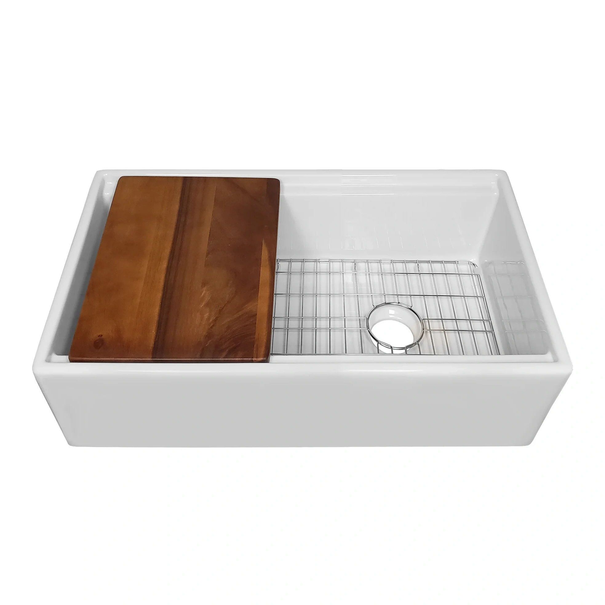 Front Apron Single Bowl Fireclay Kitchen Sinks With Walnut Wood Cutting Board And Stainless Steel Grid