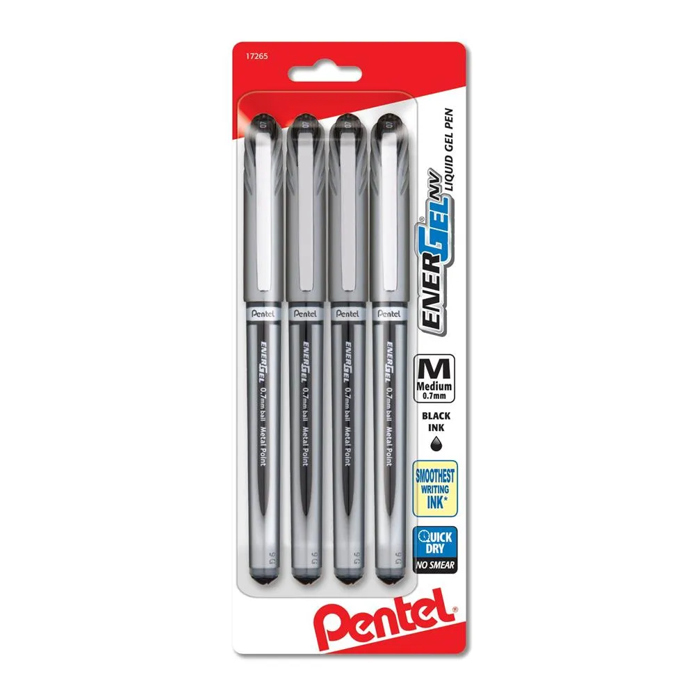 Energel Nv Liquid Gel Pen, (0.7mm) Metal Tip, Medium Line Capped, Black Ink 4-pk