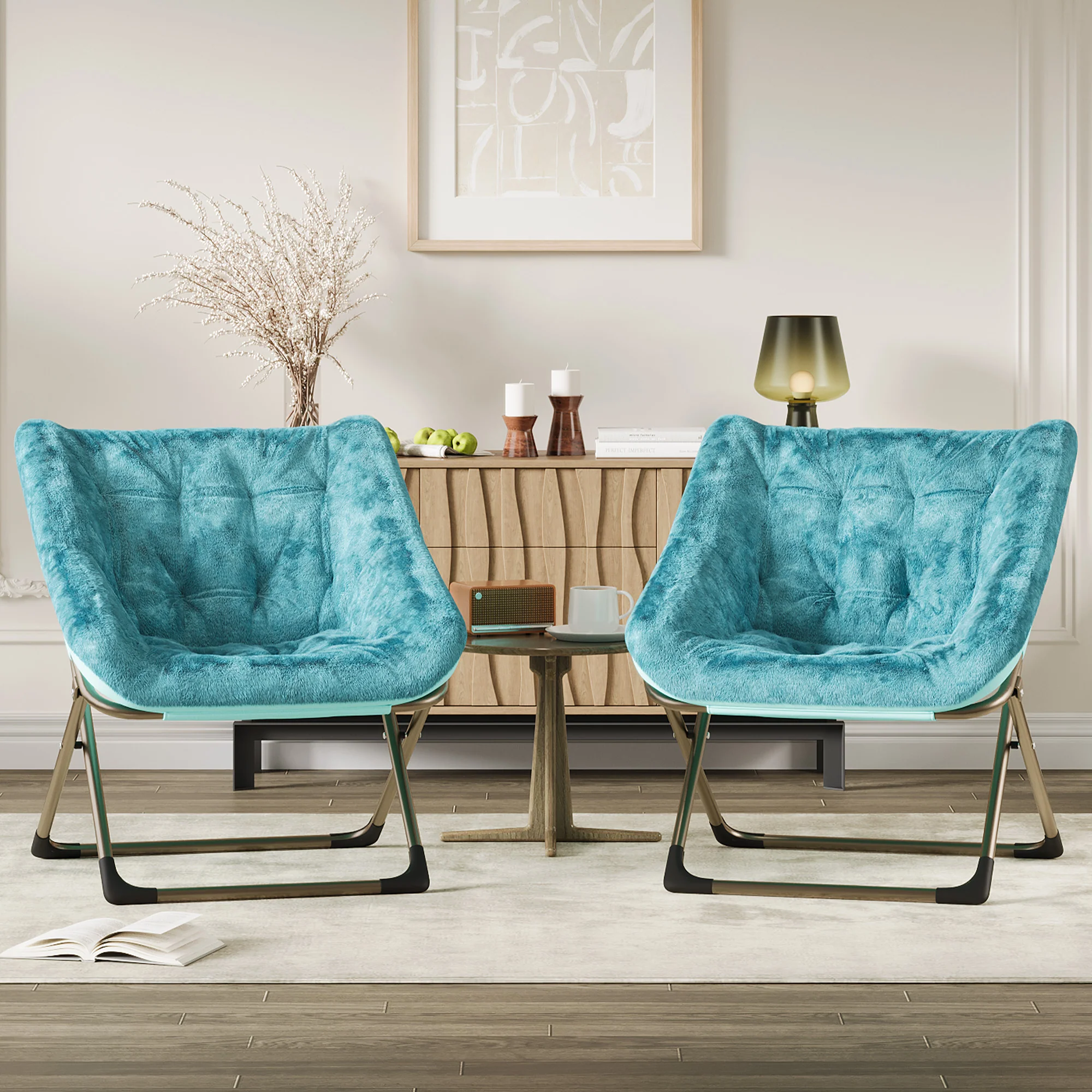 Garvee Comfy Collapsible Saucer Chair For Adults, Soft Faux Fur, No Assembly Required, Durable Metal Frame, Stylish Lounge Seating For Bedroom, Dorm, Living Room, Green With Gold Legs