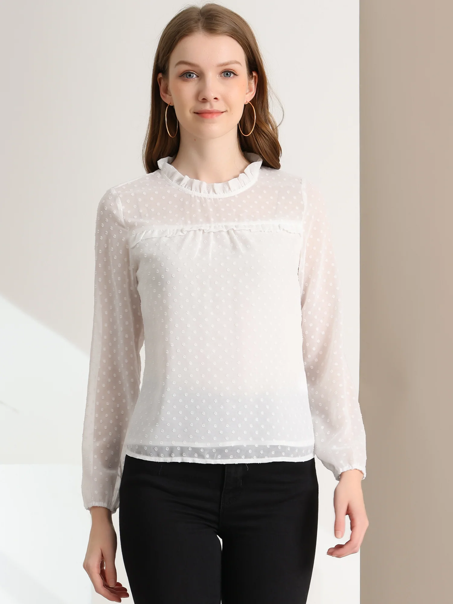 Ruffle Mock Neck Babydoll Swiss Dots Pom Pom Chiffon Blouse - Brown Red/xs