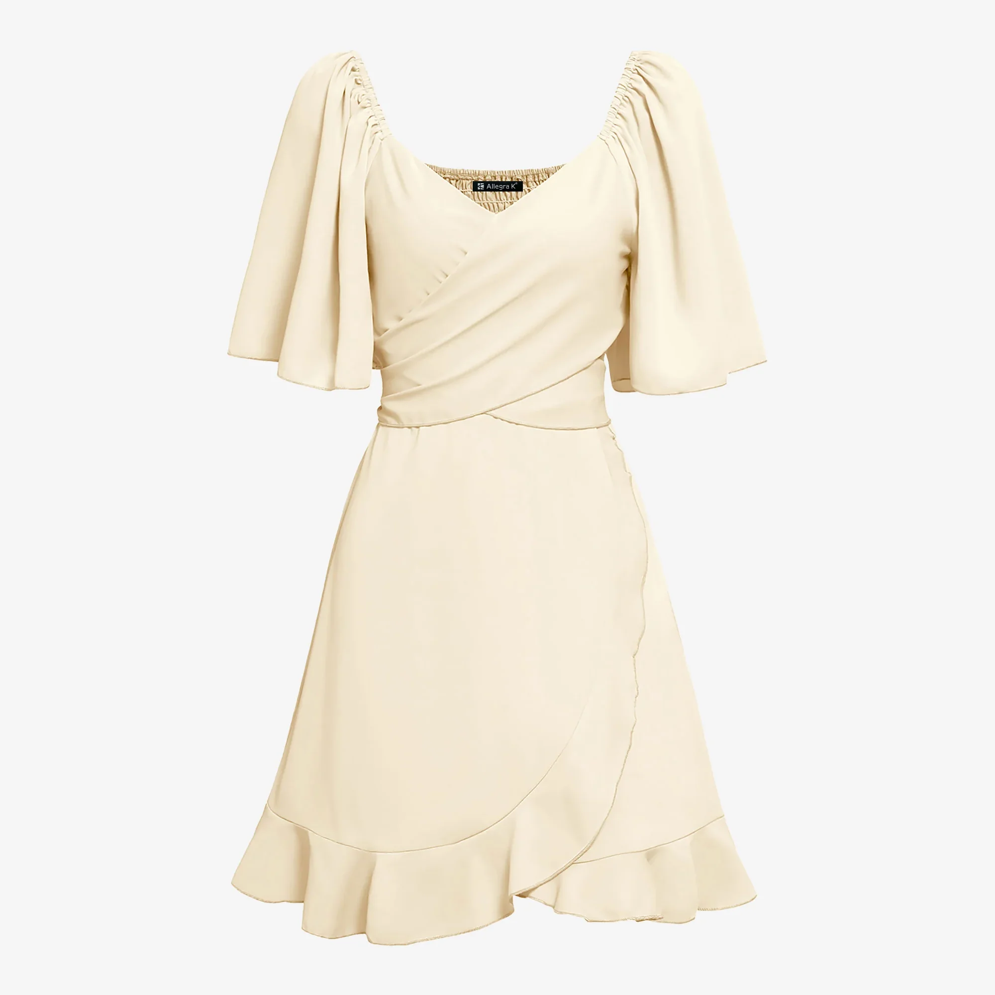 Flare Sleeves Smocked Lace-up Ruffled Mini Dress - Cream/s