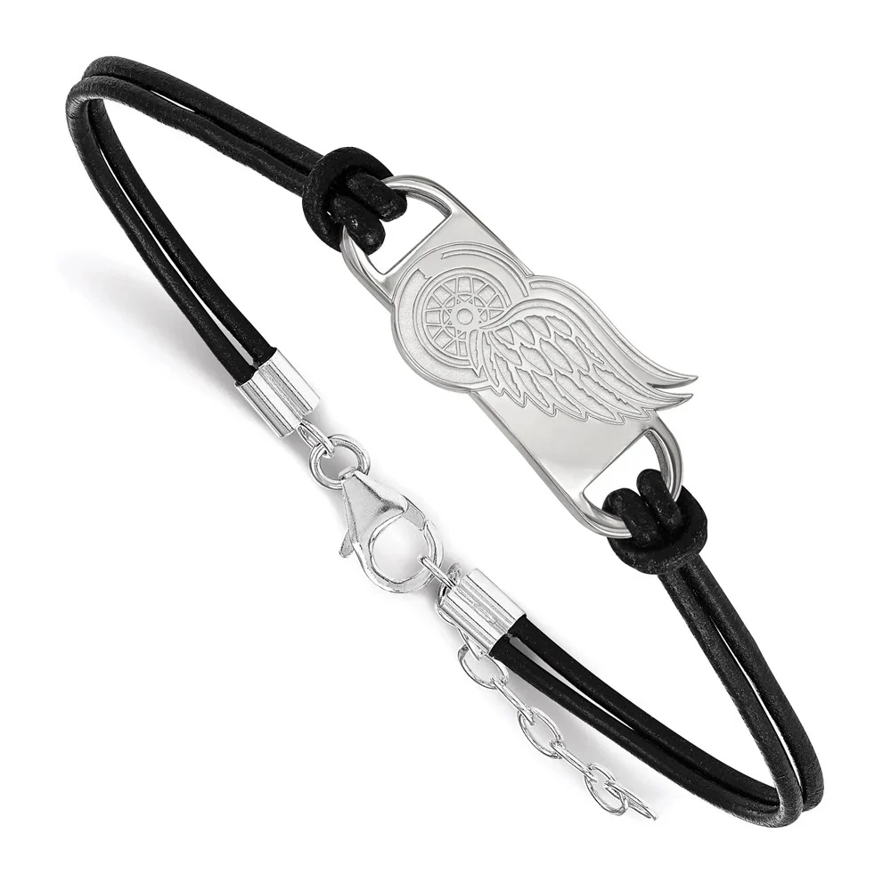 Sterling Silver Rhodium Plated Nhl Logoart Detroit Red Wings Small Center Black Leather 8 Inch Bracelet With Extender