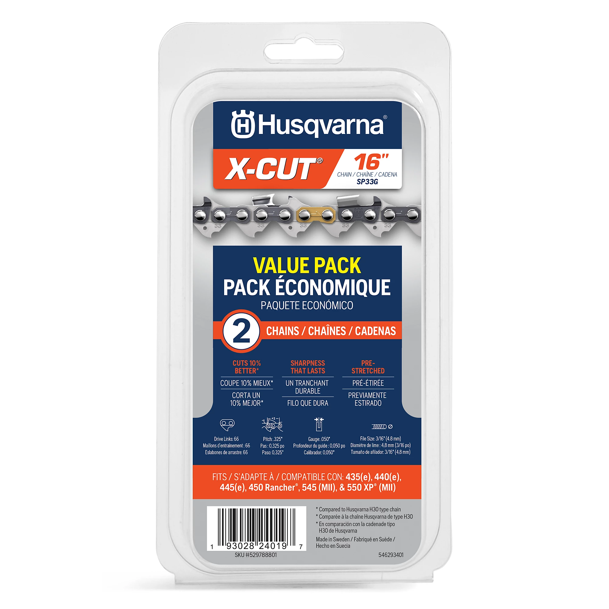Husqvarna 16 In. X-cut S93g Chainsaw Chains, 0.325 In. Pitch, 0.050 In. Gauge, 66 Drive Links, 2-pack