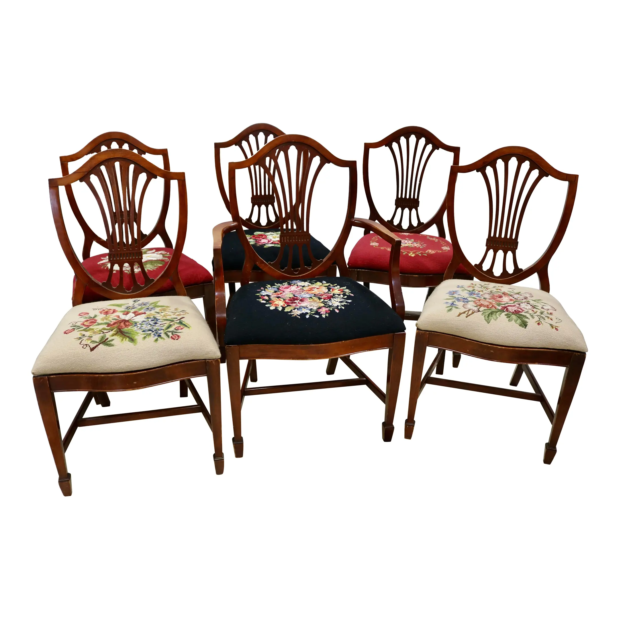 Mid 20th Century Mahogany Shield Back Dining Chairs With Needlepoint Seats - Set Of 6
