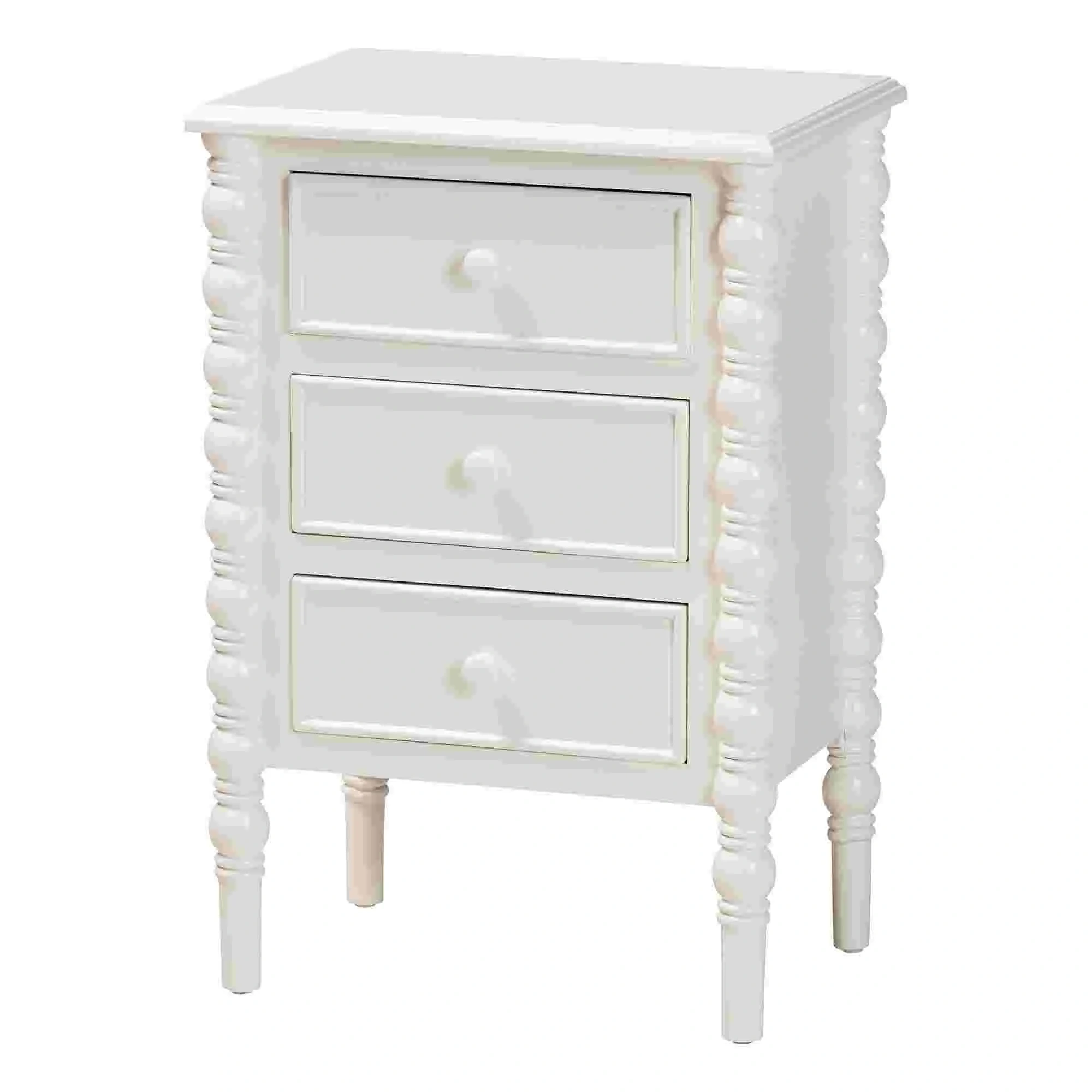 Malinda Classic White Wood 3-drawer End Table With Spindle Legs