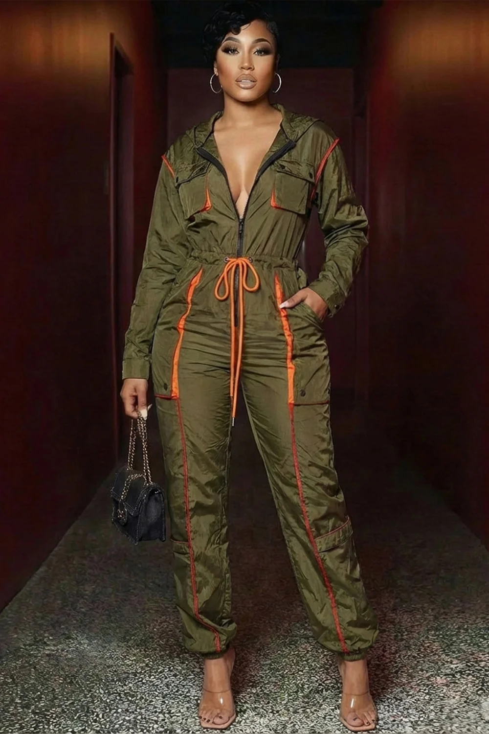 Cargo Zipper Adjustable Drawstring Hooded Casual Jumpsuit