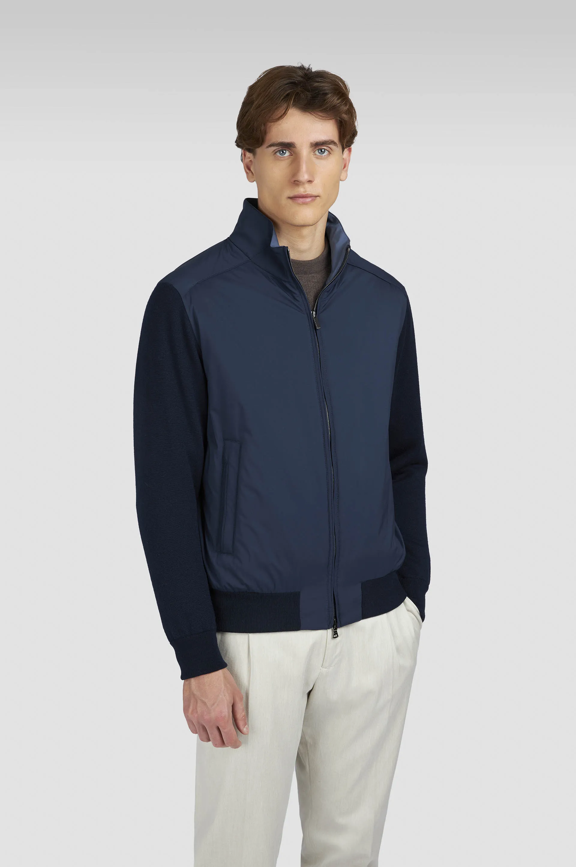 Hybrid Zip-up Sweater In Soft Cool Touch Wool And Typhoon® Platinum