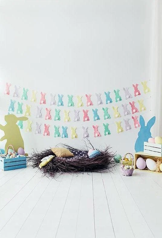 Easter Eggs Colorful Rabbits Backdrops Wood Floor Photography Background - 3(w)*5(h)ft(1*1.5m)