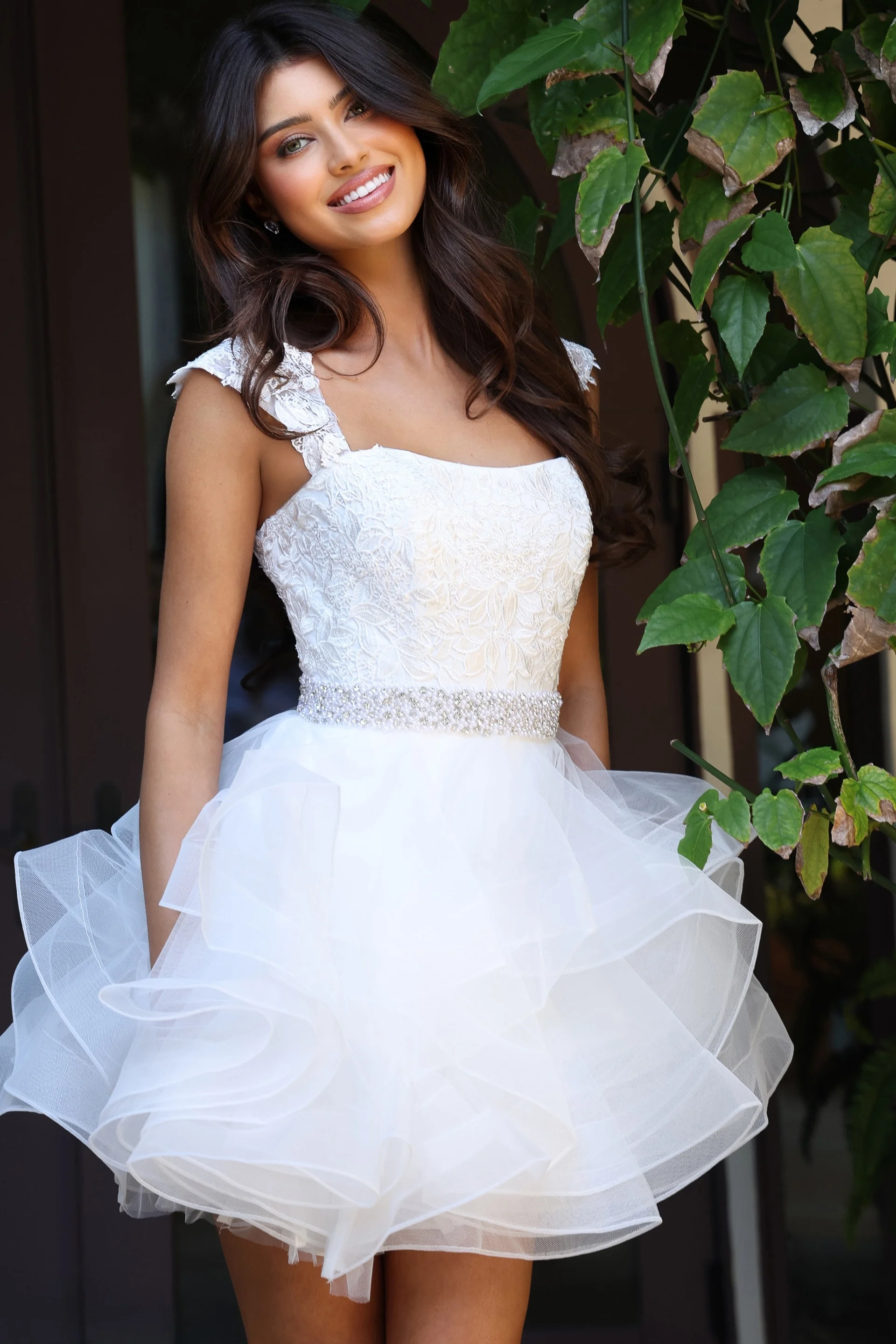 Lace Bodice Open Back Ruffle Mini Dress K51611