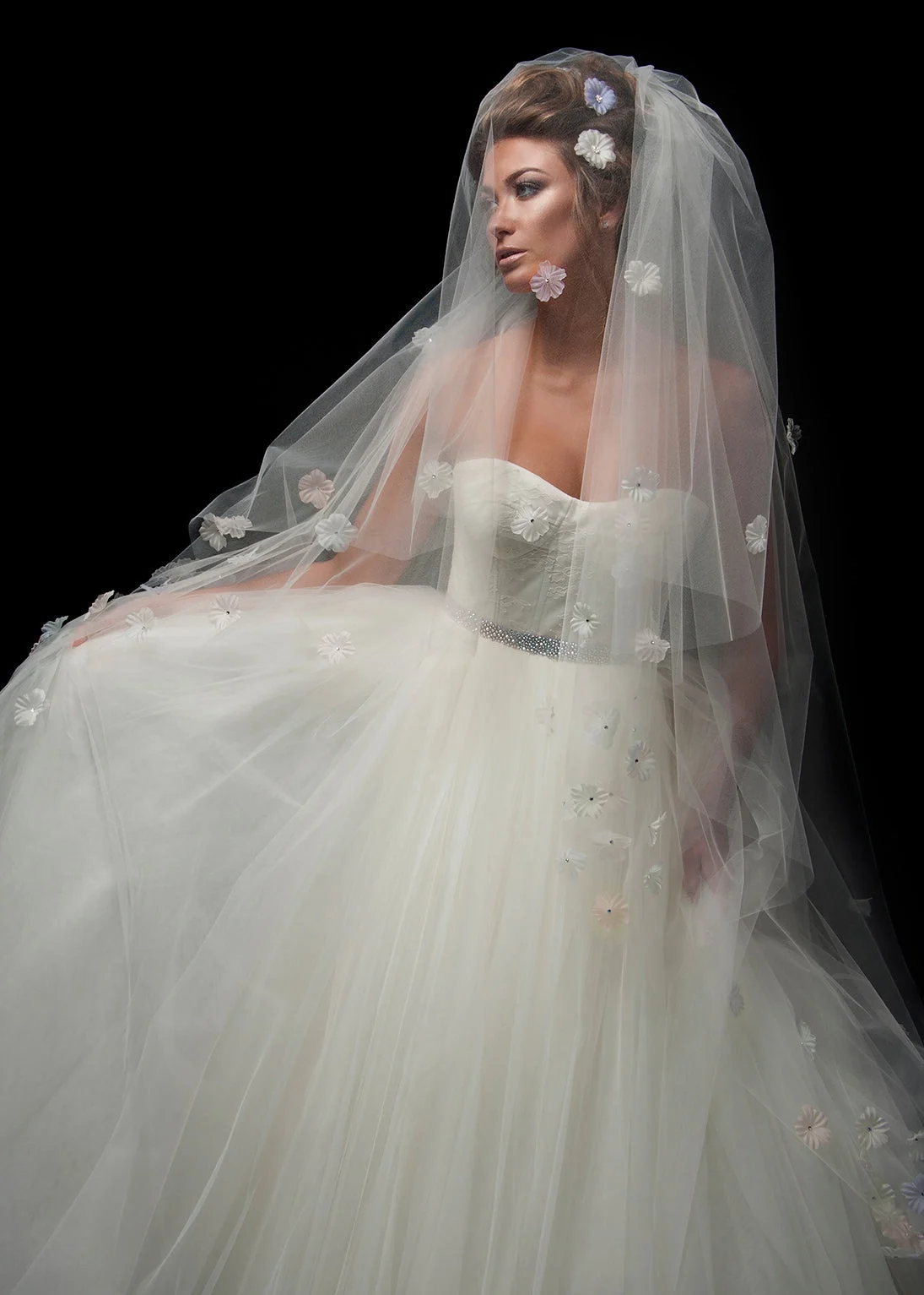 Delilah Two-tier Handkerchief Waltz Multi-color Floral Veil - Champagne
