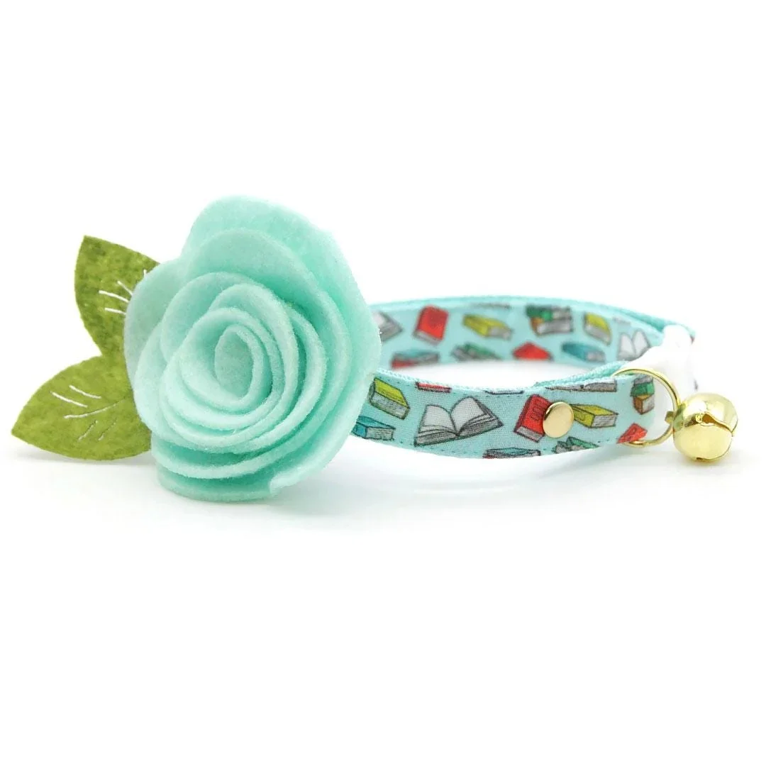 Cat Collar + Flower Set - "book Lover - Blue" - Book Cat Collar + Mint Felt Flower (detachable) / Cat, Kitten + Small Dog Sizes - Gold/small Dog (12-16)/non-breakaway