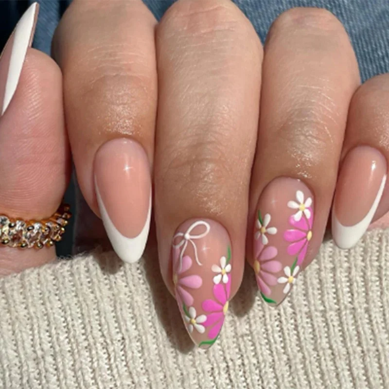 Whimsical Blossom Medium Almond Pink And White Floral Design Press On Nail Set