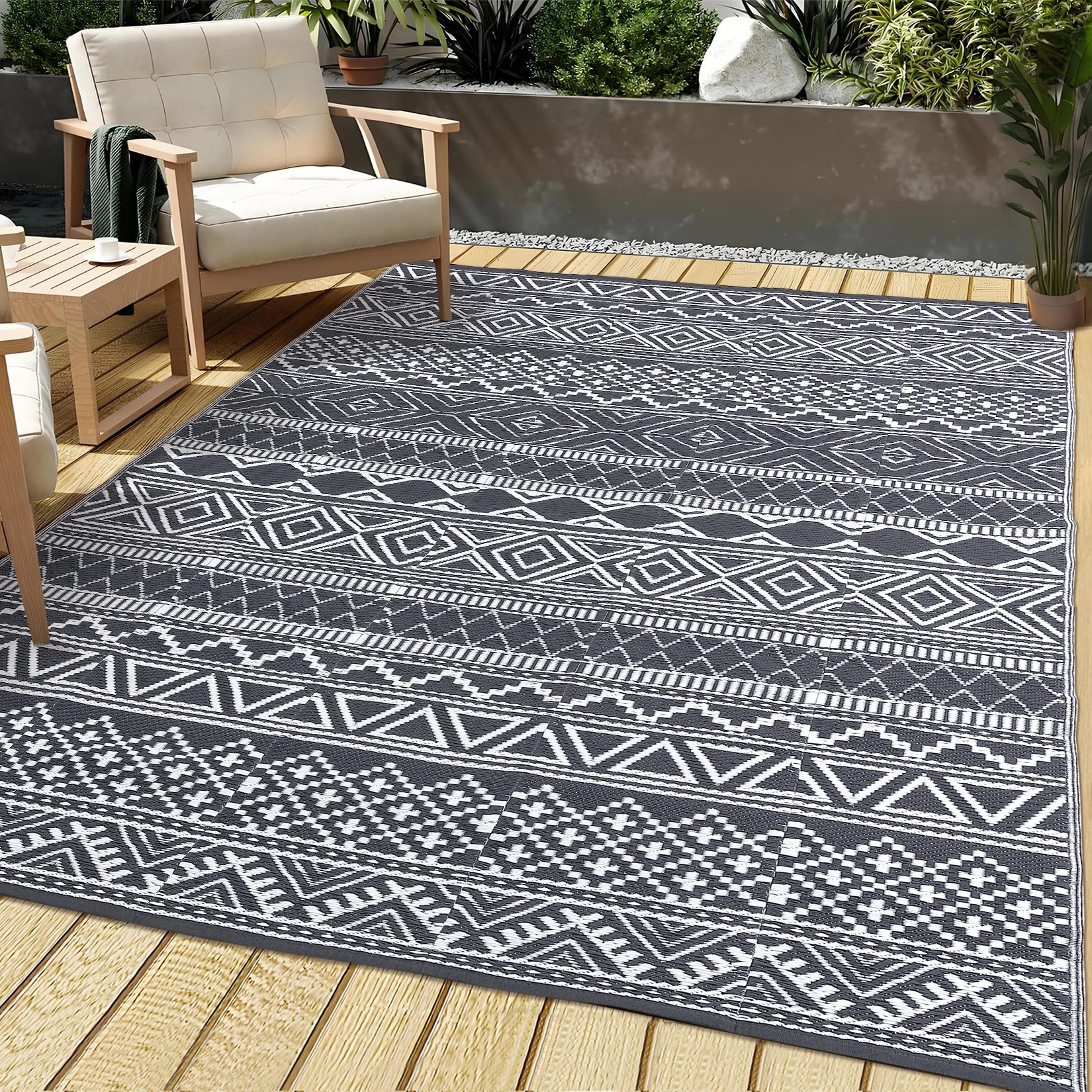 Garvee Outdoor Grey & White 9x18 Boho Rug, Reversible Waterproof Pp Plastic Carpet For Patio, Camping & Rv
