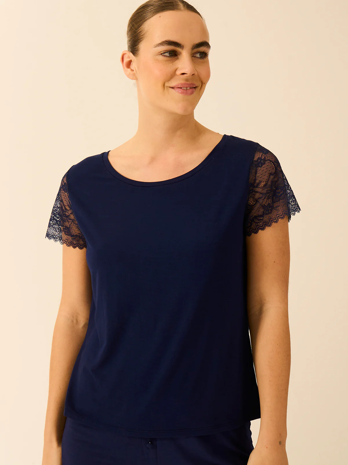 Eco Lace Slouchy Pyjama Top - Navy - 1x