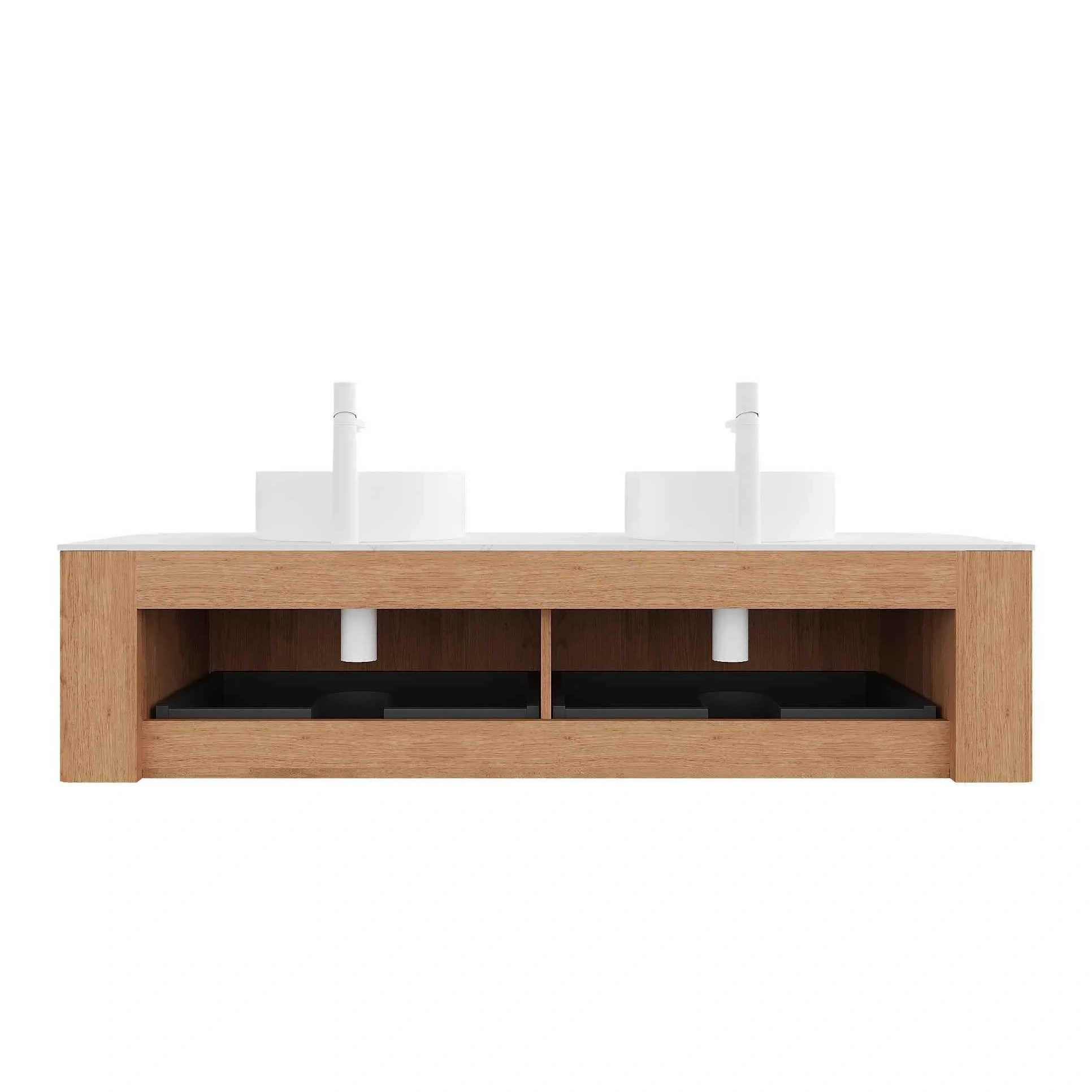 Exbrite Dn 60' Bathroom Vanity With Sinks, Wall-mounted Floating Curved Edges Striped Bathroom Storage Cabinet With 2 Drawers, 2 White Round Ceramic Basins, No Faucet, Pre-assembled, Natural Woodgrain Color
