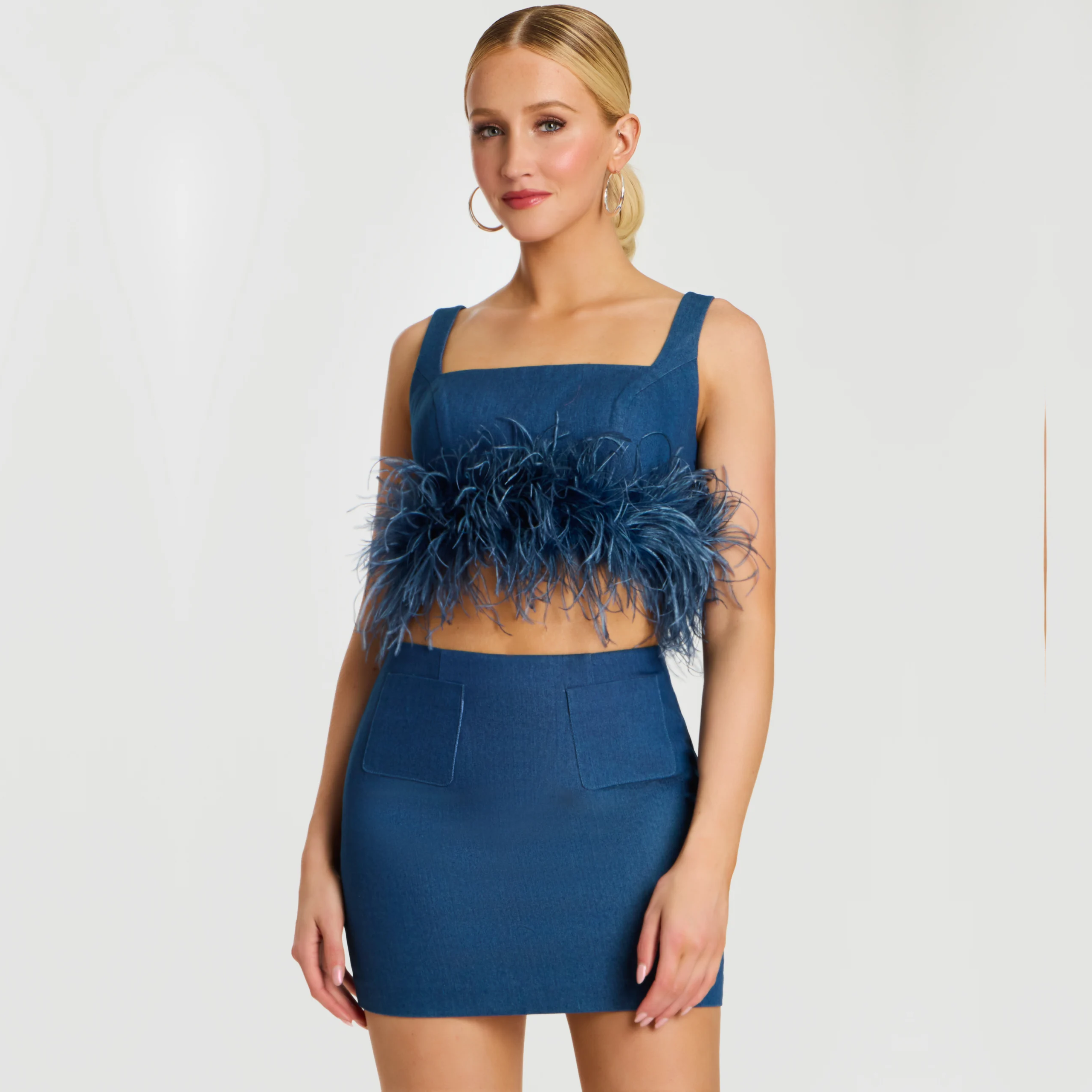 Denim Feather Crop Top And Mini Skirt Two-piece Set 45974