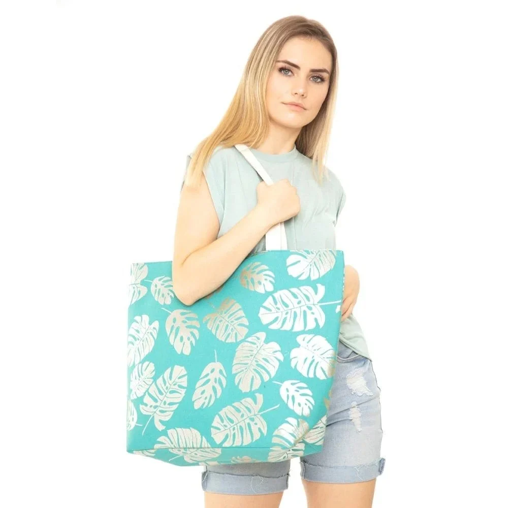 Mb0085 Silver Tropical Leaf Foil Beach Bag - Turquoise