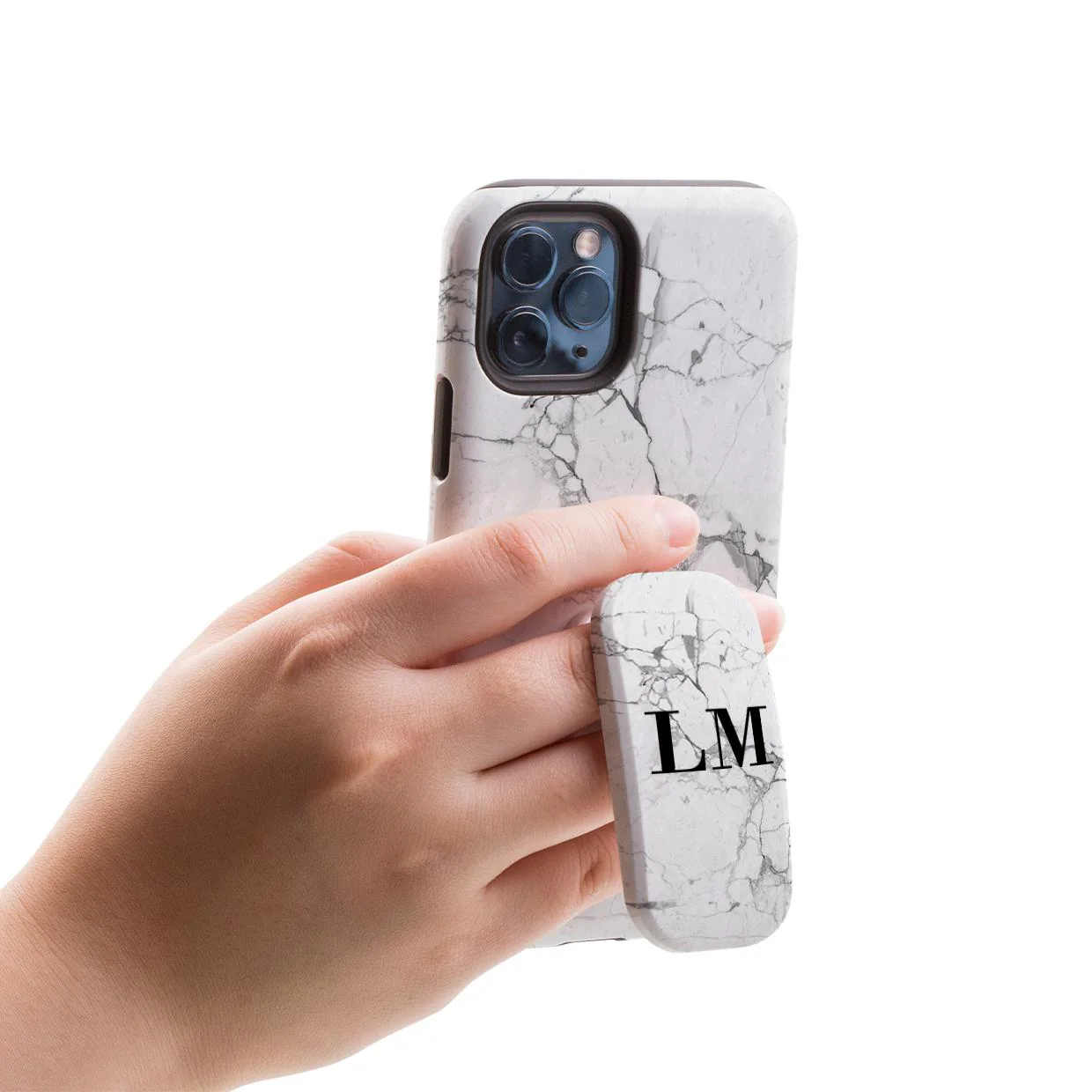 Personalised White Marble X Black Initials Clickit Phone Grip
