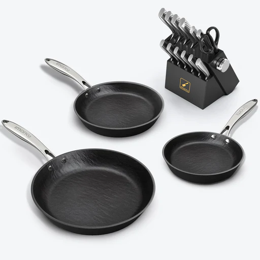Nonstick Frying Pan Set With Silver Handle And Kitchen Chef Knife Set Bundle - Black