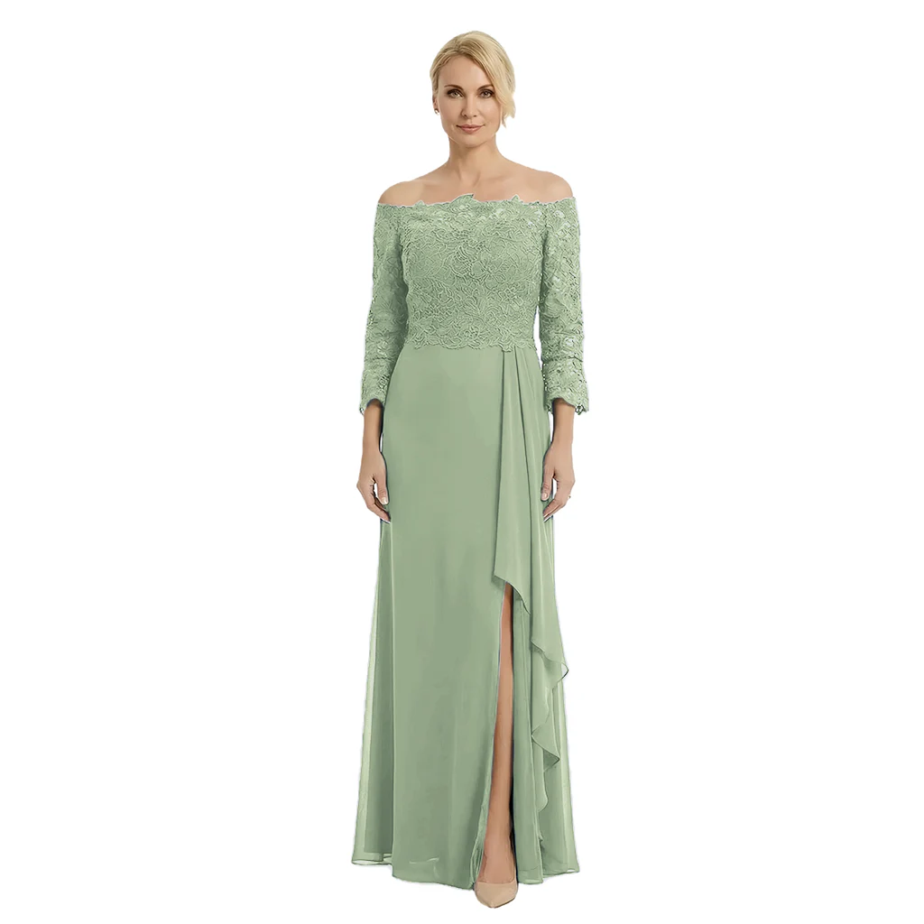 Chicsew Classy Lace Applique Long Sleeves Chiffon Ruffle A-line Mother Of The Groom Gown With Side Slit - Dusty-sage