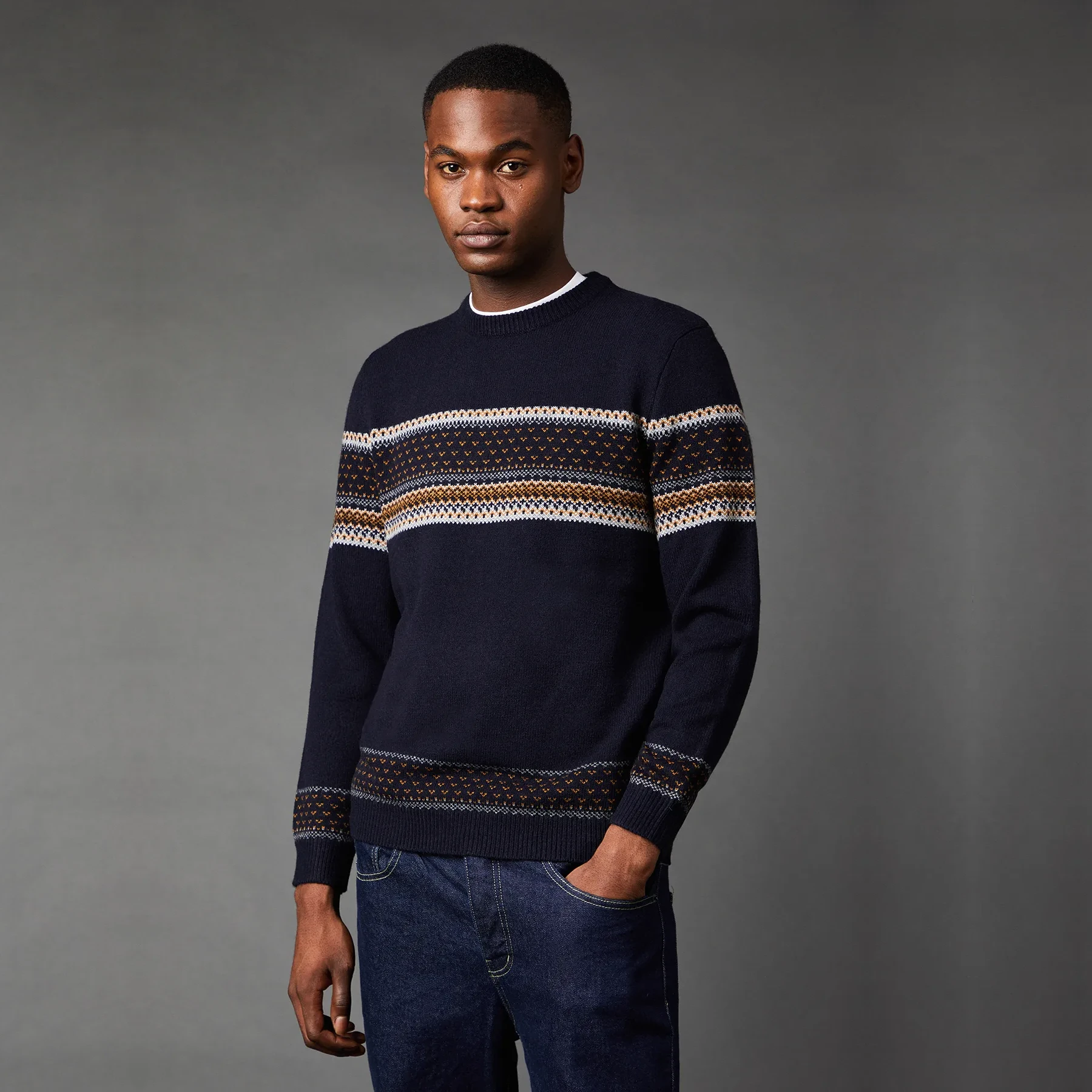 Placement Stripe Pattern Crew Neck Jumper
