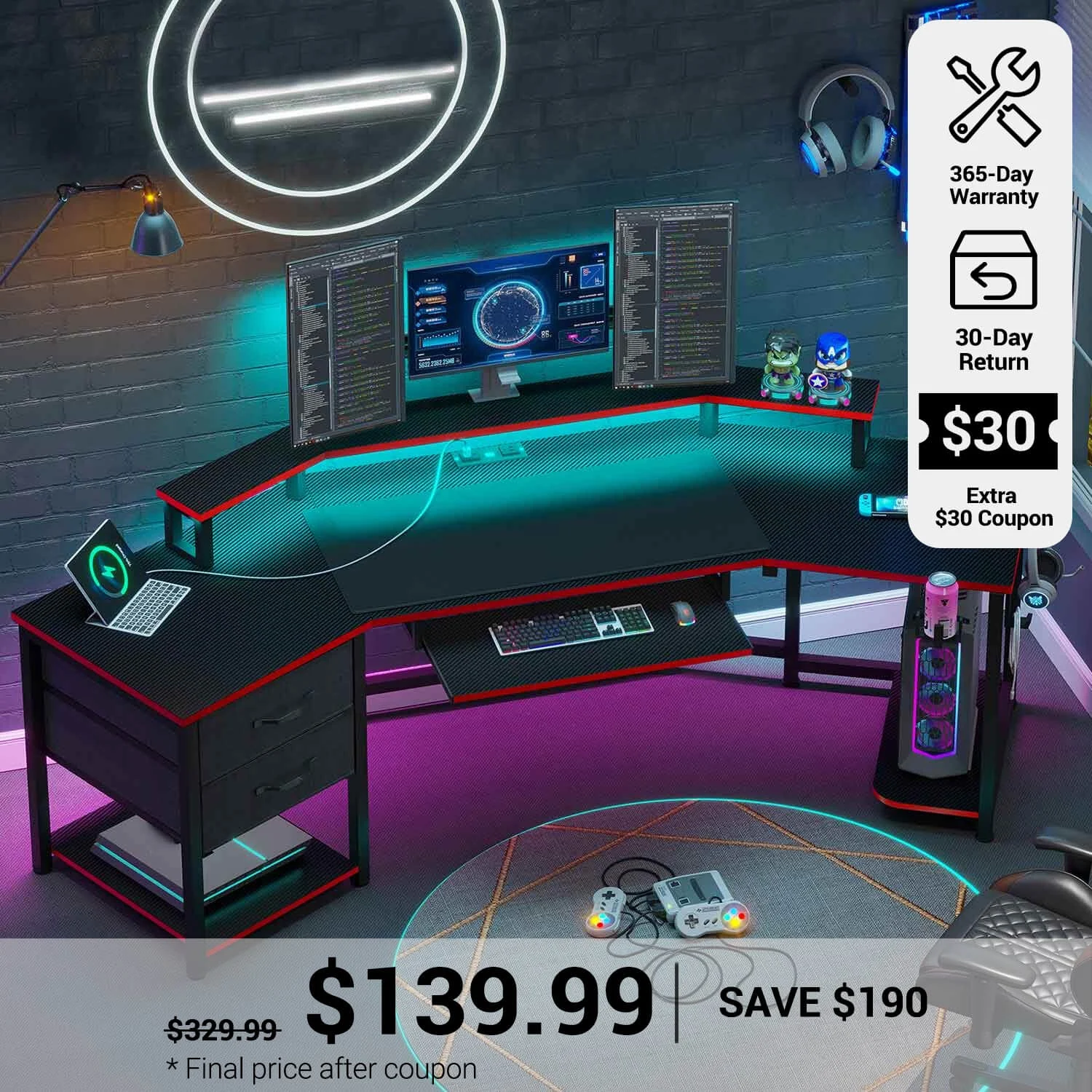 Sedeta® 79 Inch Led Wing Shaped Gaming Desk Computer Table With Storage For Home Office - Black&red